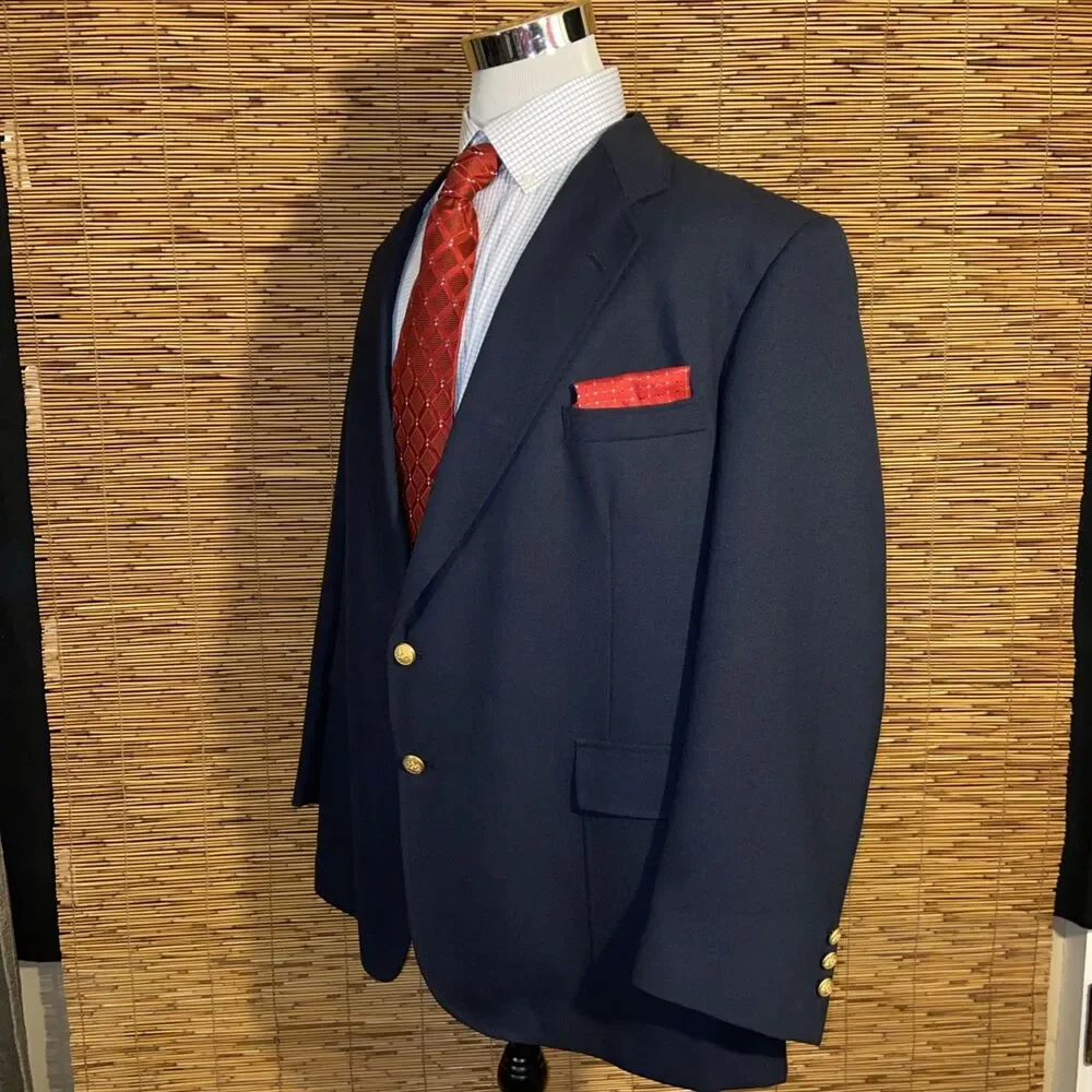 Stafford Wool Blend Sport Coat Navy Size 48 Gold Button Blazer USA Made